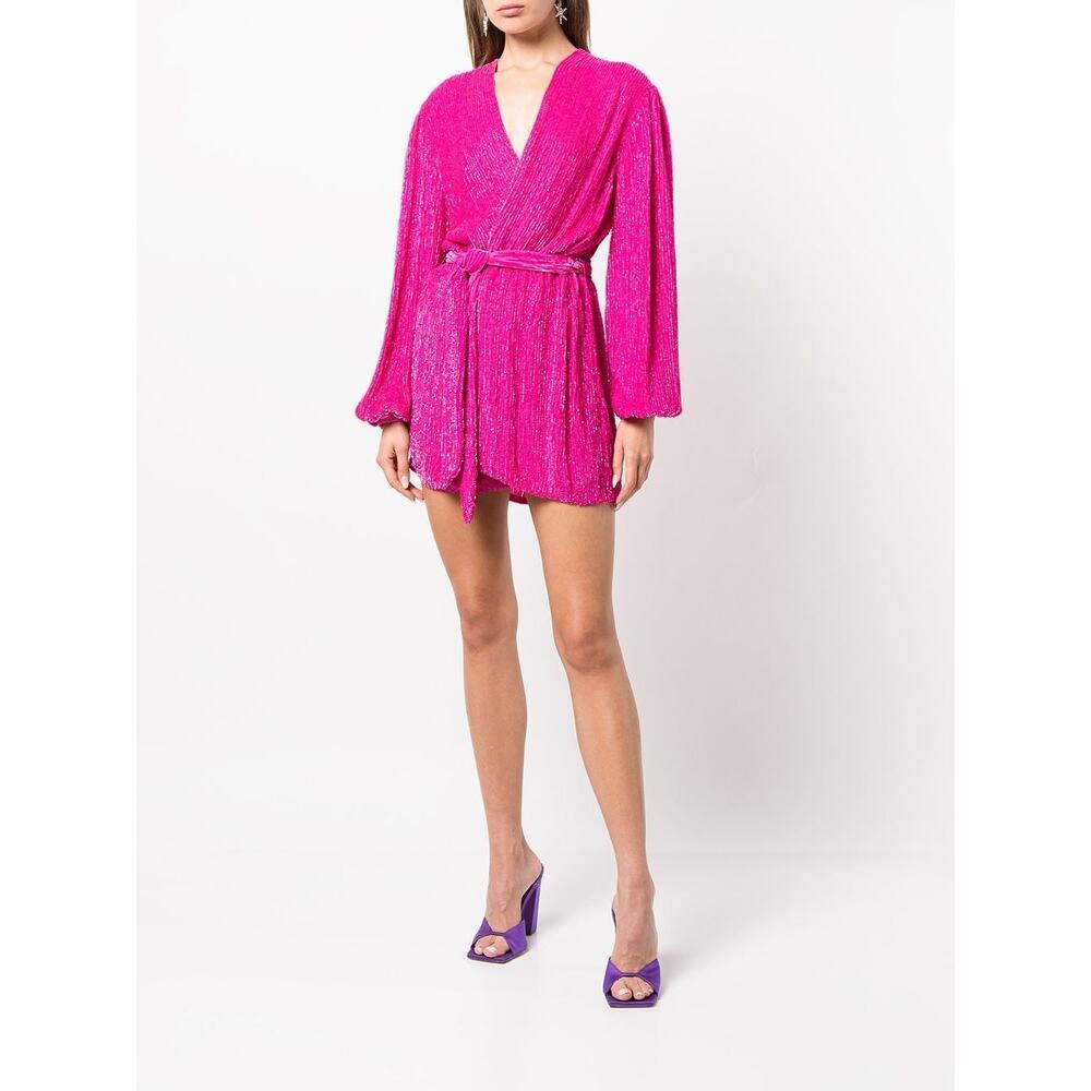 Retrofete Womens Gabrielle Sequinned Wrap Minidress V-Neck Pink Size M